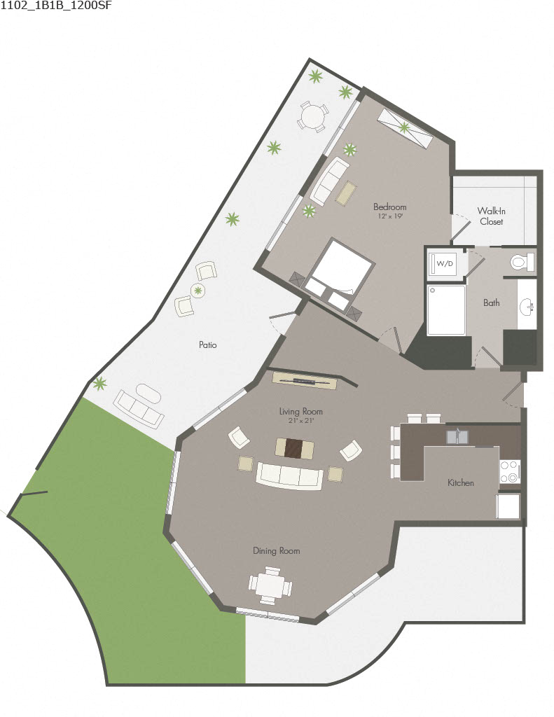 Floor plan for 1 bed, 1 bath, 1200 sqft
